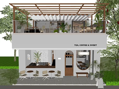 Two Story Cafe with Coffee Tea Sweet Outdoor Patio and Green Plants 3d model