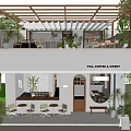 Two Story Cafe with Coffee Tea Sweet Outdoor Patio and Green Plants