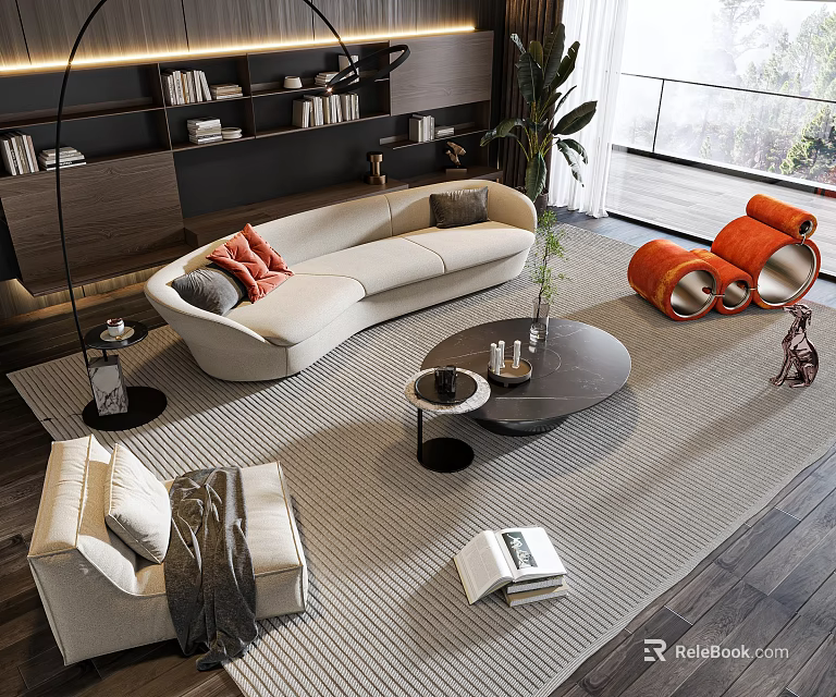 Modern Cream Curved Sofa and Round Coffee Table Set with Gray Carpet and Orange Armchairs 3d model 