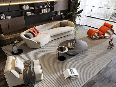 Modern Cream Curved Sofa and Round Coffee Table Set with Gray Carpet and Orange Armchairs 3d model