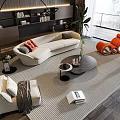 Modern Cream Curved Sofa and Round Coffee Table Set with Gray Carpet and Orange Armchairs