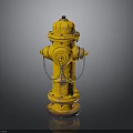 Yellow Fire Hydrant With Metal Chains And Vintage Design Against Dark Background