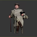 Vintage Long Trench Coat With Hat Cane And Leather Boots On Wooden Chair