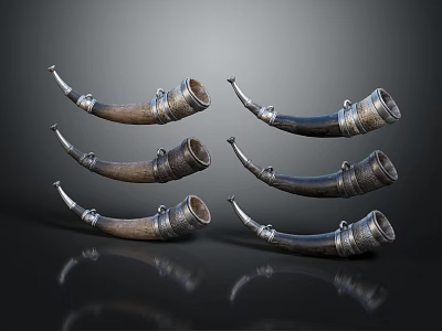 Vintage Decorative Horns With Silver Metal Accents Arranged On Black Reflective Background 3d model