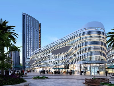 Modern Commercial Complex With Curved Glass Facade Outdoor Plaza Greenery And Pedestrians 3d model