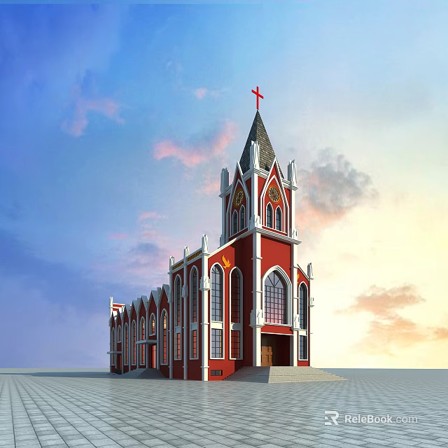 Religious Faith Church With Red Exterior Cross Steeple And Sky Backdrop 3d model 