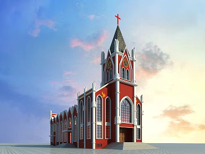 Religious Faith Church With Red Exterior Cross Steeple And Sky Backdrop 3d model