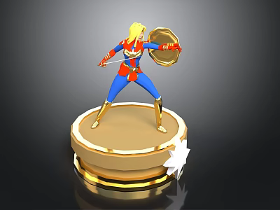 Female Superhero Figurine On Golden Base With Shield Sword And Star Decoration 3d model