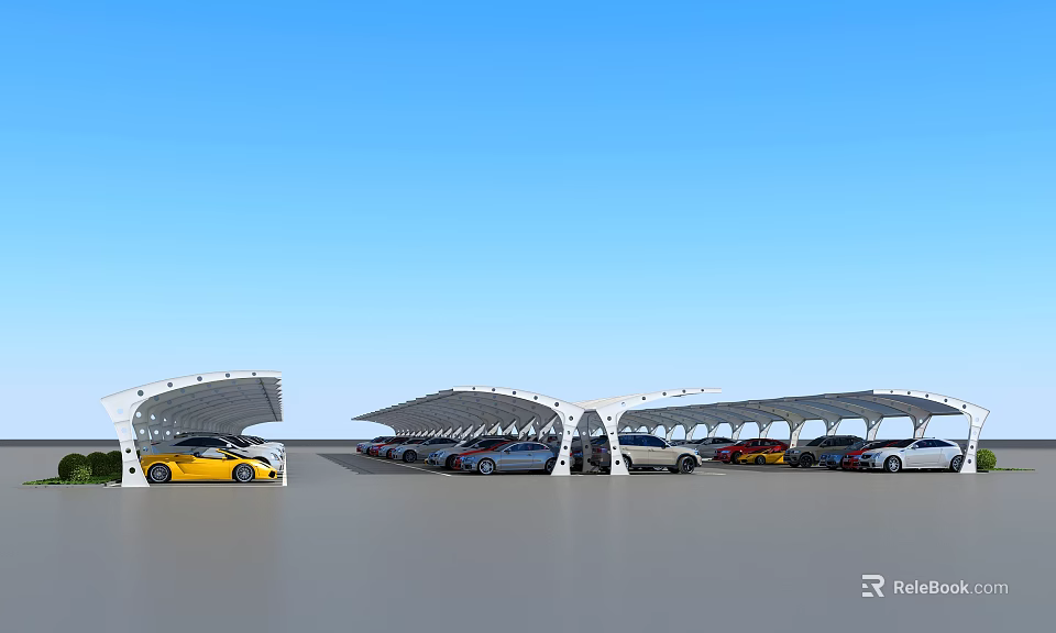 Modern Tensile Membrane Carport Structure With Multiple Parked Cars Under Blue Sky 3d model 