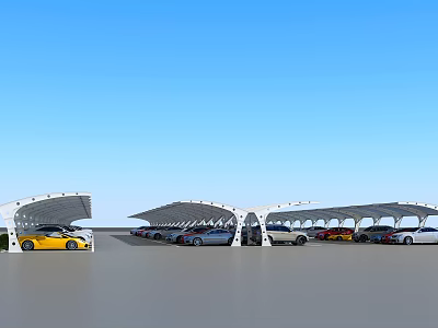 Modern Tensile Membrane Carport Structure With Multiple Parked Cars Under Blue Sky 3d model