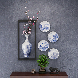 New Chinese Plate Wall Decorations Blue and White Porcelain Wall Decorations Wall Decorations Wall Vase 3d model