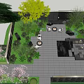 Tranquil Garden Landscape With Lush Green Trees Paved Courtyard Water Feature And Lounge Seating