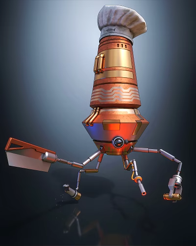 Steampunk Style Robot Character With Copper Body And Mechanical Arms 3d model