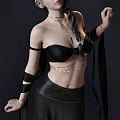 Woman Wearing Black Strapless Top And Skirt With Braided Hair Necklace Bracelet Against Dark Background