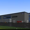 Modern Industrial Factory Building Featuring Steel Structure Blue White Exterior Large Windows And Red Trucks