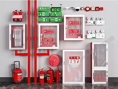 Essential Fire Safety Equipment Collection With Fire Extinguishers Cabinets Emergency Lights And Alarms 3d model