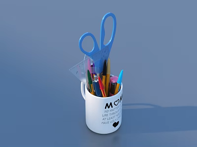 White Cup With MOM Lettering Holding Scissors Ruler And Colored Pencils 3d model
