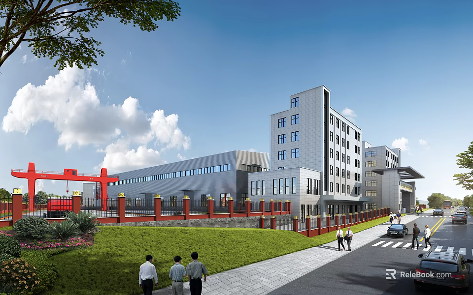 Modern Industrial Factory Building With Red Gate Green Lawn Road Pedestrians And Blue Sky 3d model 