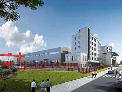 Modern Industrial Factory Building With Red Gate Green Lawn Road Pedestrians And Blue Sky 3d model