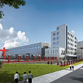 Modern Industrial Factory Building With Red Gate Green Lawn Road Pedestrians And Blue Sky