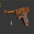 Golden Pistol With Intricate Engraved Patterns And Single Bullet 3d model