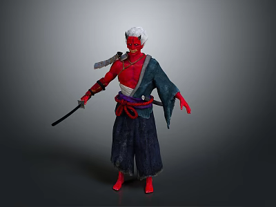 Man With Red Skin And White Hair In Dark Kimono Holding Sword And Purple Sash 3d model