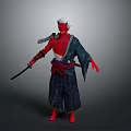 Man With Red Skin And White Hair In Dark Kimono Holding Sword And Purple Sash
