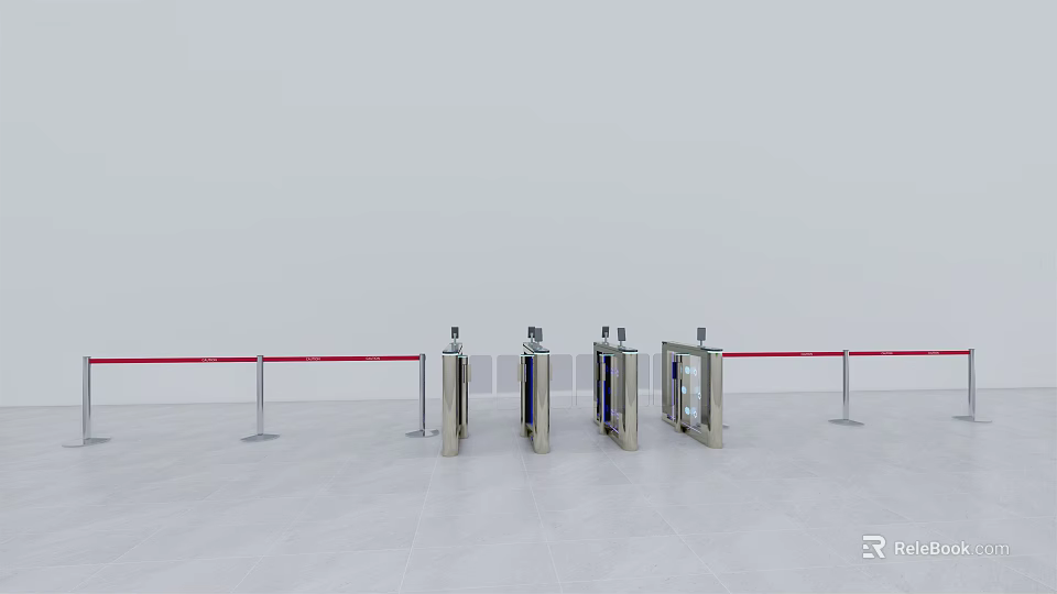 Public Facility Featuring Four Silver Turnstiles With Red Barrier Tape White Walls And Gray Floor 3d model 