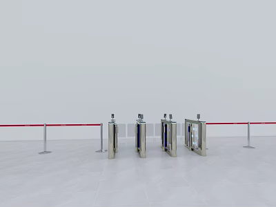 Public Facility Featuring Four Silver Turnstiles With Red Barrier Tape White Walls And Gray Floor 3d model