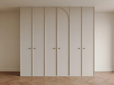Modern Light Colored Wardrobe With Arched Design And Golden Handles In Herringbone Wooden Floor Room 3d model