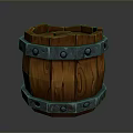 Rustic Decorative Wooden Barrel With Teal Metal Hoops And Textured Surface
