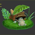Cute Chubby Game Character Sitting On Green Grass With Mushroom Shelter And Big Leaves