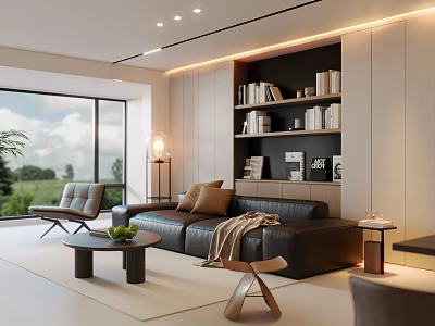 Modern Living Room With Large Window Green View Black Leather Sofa Bookshelf And Decorations 3d model