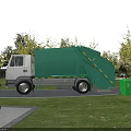 Green Garbage Utility Vehicle with Different Colored Recycling Bins in Outdoor Setting with Trees and Grass