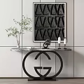Elegant Console Table With Black Decorative Painting Marble Top And Green Plant
