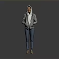 Woman in Gray Hooded Jacket White Scarf Blue Jeans and Beige Shoes in Light Backdrop