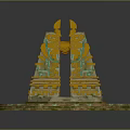 Ancient Temple Entrance Structure With Golden Decorations And Blue Glowing Hexagonal Base