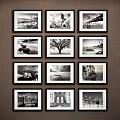Black and White Framed Landscape Paintings With Eiffel Tower And Venetian Gondola Views On Wall