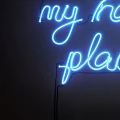 Blue Neon Decorative Light with This is my happy place Text on Dark Background