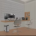 Home Office Interior With Window Blinds Desk Computer Monitor Decorative Shelves And Office Chairs