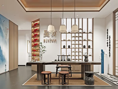 Oriental Chinese Teahouse Interior With Wooden Bookshelves Tea Sets Pendant Lights And Long Table 3d model