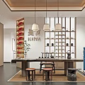 Oriental Chinese Teahouse Interior With Wooden Bookshelves Tea Sets Pendant Lights And Long Table