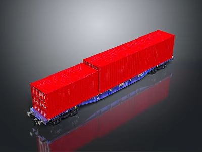 Red Container Freight Train Car With Blue Base And Wheels On Gray Background 3d model