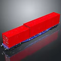 Red Container Freight Train Car With Blue Base And Wheels On Gray Background