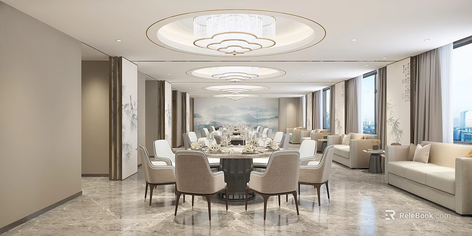 Luxurious Private Dining Room Interior With Round Table Comfortable Chairs Crystal Chandeliers And Marble Floor 3d model 