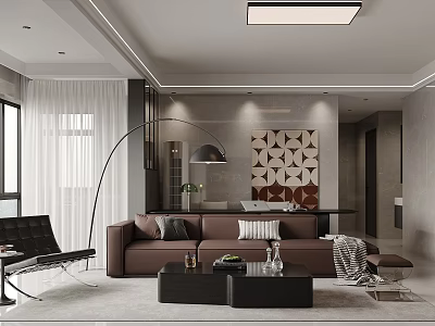 Modern Living Dining Room Interior With Brown Sofa Black Coffee Table And Geometric Wall Art 3d model