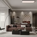 Modern Living Dining Room Interior With Brown Sofa Black Coffee Table And Geometric Wall Art