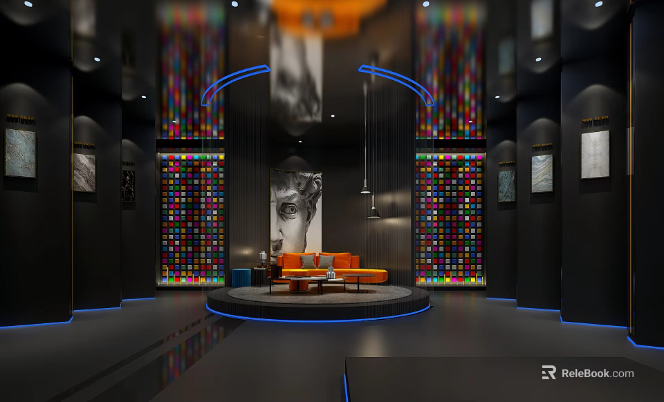 Modern Exhibition Hall with Colorful Decorative Walls Orange Sofas Circular Platform and Artworks on 3d model 