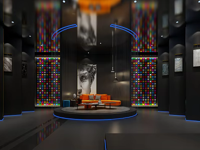 Modern Exhibition Hall with Colorful Decorative Walls Orange Sofas Circular Platform and Artworks on 3d model