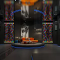 Modern Exhibition Hall with Colorful Decorative Walls Orange Sofas Circular Platform and Artworks on